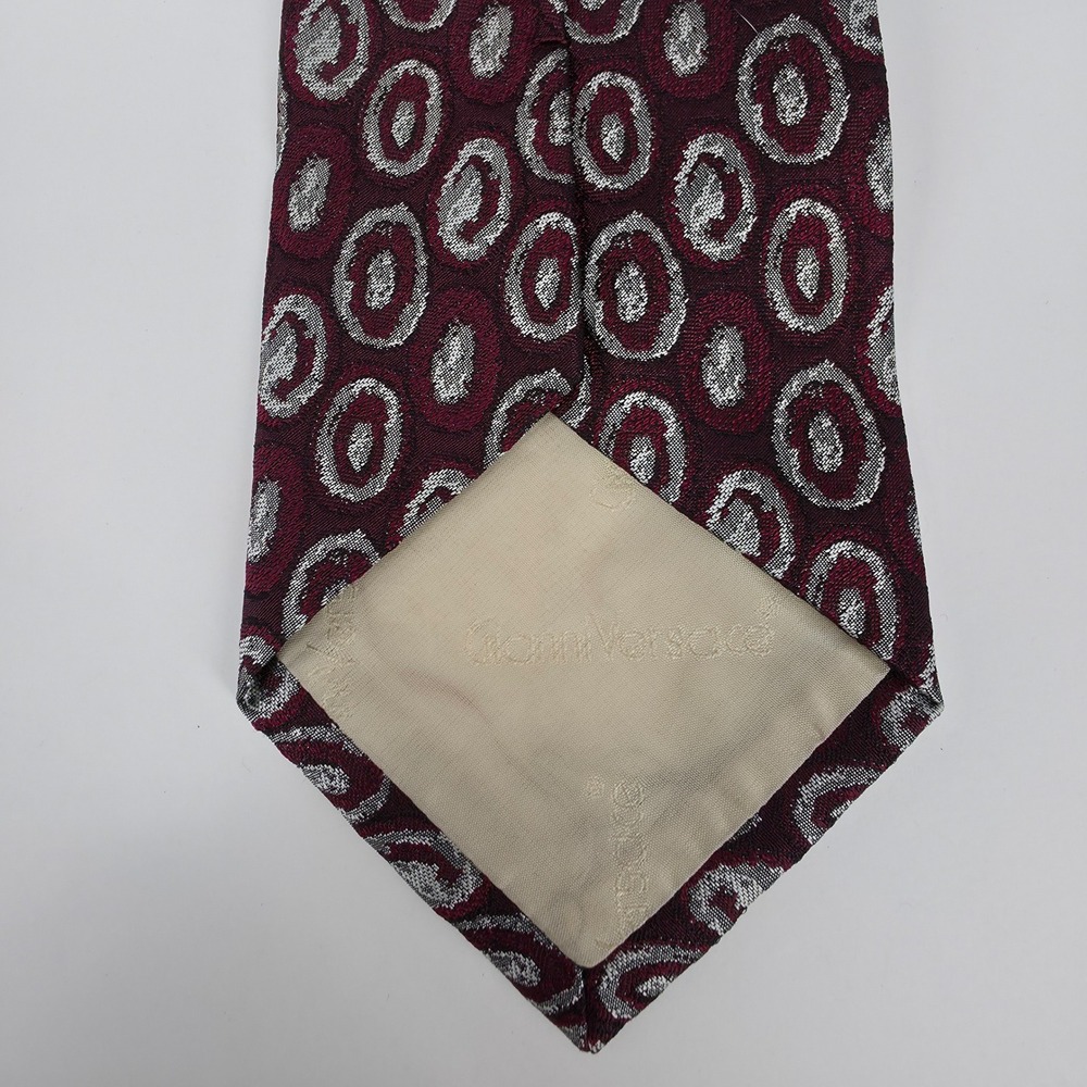 Gianni Versace Geometric Oval Silk Tie Mens Burgundy Silver Italy Neiman Marcus - Picture 5 of 6